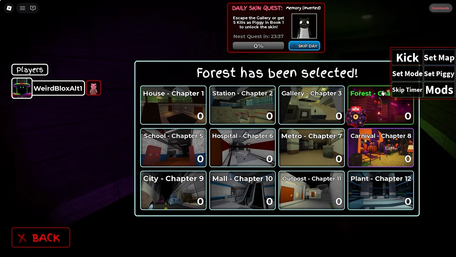 Piggy map voting screen with Forest Chapter 4 selected and the Hollow event icon