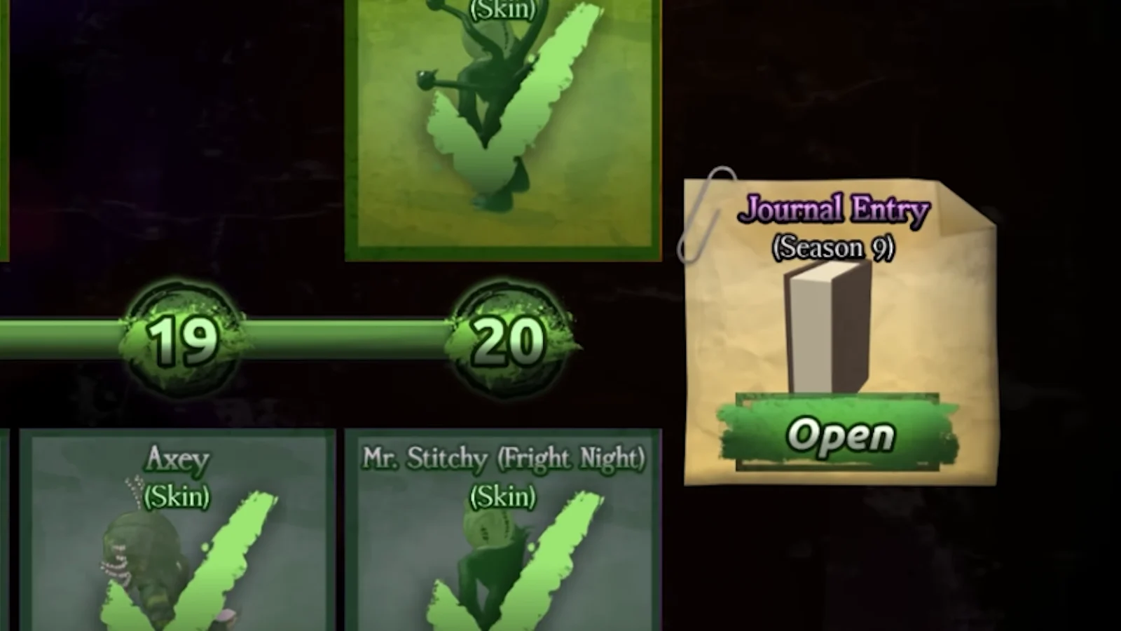 Late-season reward menu with Axey, Mr Stitchy Fright Night and the Season 9 journal entry
